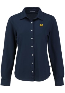 Cutter and Buck Michigan Wolverines Womens Advantage Soft Pique Long Sleeve Navy Blue Dress Shirt