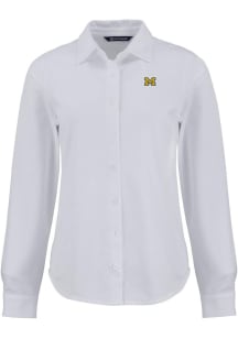 Cutter and Buck Michigan Wolverines Womens Advantage Soft Pique Long Sleeve White Dress Shirt