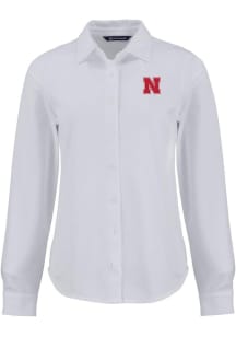 Cutter and Buck Nebraska Cornhuskers Womens Advantage Soft Pique Long Sleeve White Dress Shirt