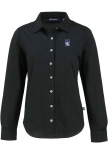 Cutter and Buck Northwestern Wildcats Womens Advantage Soft Pique Long Sleeve Black Dress Shirt