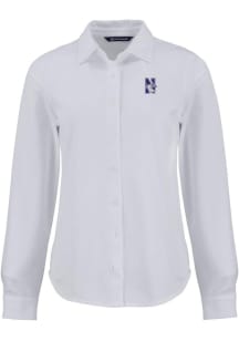 Cutter and Buck Northwestern Wildcats Womens Advantage Soft Pique Long Sleeve White Dress Shirt