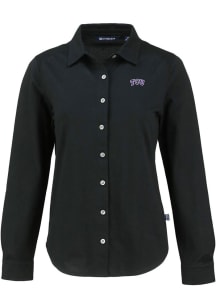 Cutter and Buck TCU Horned Frogs Womens Advantage Soft Pique Long Sleeve Black Dress Shirt