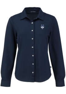 Cutter and Buck UConn Huskies Womens Advantage Soft Pique Long Sleeve Navy Blue Dress Shirt