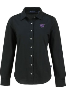 Cutter and Buck Washington Huskies Womens Advantage Soft Pique Long Sleeve Black Dress Shirt