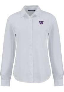Cutter and Buck Washington Huskies Womens Advantage Soft Pique Long Sleeve White Dress Shirt