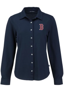 Cutter and Buck Boston Red Sox Womens Advantage Soft Pique Long Sleeve Navy Blue Dress Shirt