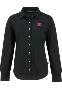Cutter and Buck Nebraska Cornhuskers Womens Alumni Advantage Soft Pique Long Sleeve Black Dress Sh..