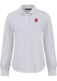 Cutter and Buck Nebraska Cornhuskers Womens Alumni Advantage Soft Pique Long Sleeve White Dress Sh..