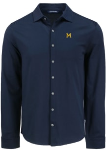 Cutter and Buck Michigan Wolverines Mens Navy Blue Vault Advantage Soft Pique Long Sleeve Dress Sh..