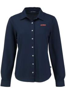 Cutter and Buck UConn Huskies Womens Wordmark Advantage Soft Pique Long Sleeve Navy Blue Dress Shi..