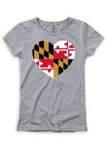 Maryland Girls Grey Heather Glitter State Flag Heart Short Sleeve Tee