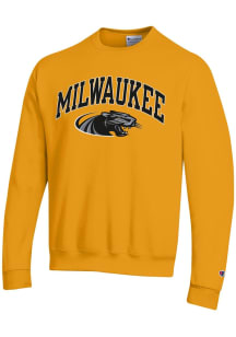 Champion Milwaukee Panthers Mens Gold PowerBlend Arch Mascot Long Sleeve Crew Sweatshirt