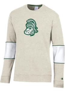 Champion Michigan State Spartans Mens Oatmeal Super Fan Colorblocked Primary Logo Long Sleeve Crew..