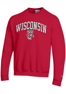Champion Wisconsin Badgers Mens Red Arch Mascot Powerblend Long Sleeve Crew Sweatshirt
