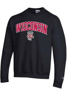 Champion Wisconsin Badgers Mens Black Arch Mascot Powerblend Long Sleeve Crew Sweatshirt
