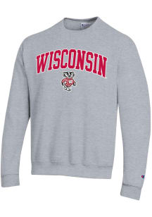 Champion Wisconsin Badgers Mens Grey Arch Mascot Powerblend Long Sleeve Crew Sweatshirt