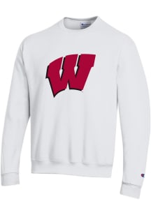 Champion Wisconsin Badgers Mens White Primary Team Logo Powerblend Long Sleeve Crew Sweatshirt