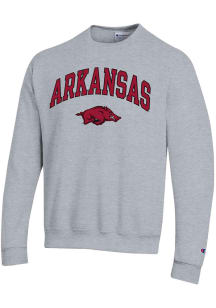 Champion Arkansas Razorbacks Mens Grey Arch Mascot Powerblend Long Sleeve Crew Sweatshirt