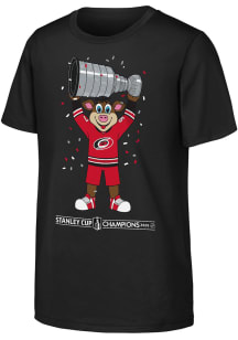 Carolina Hurricanes Youth Black 2026 Stanley Cup Champs Mascot Short Sleeve T-Shirt