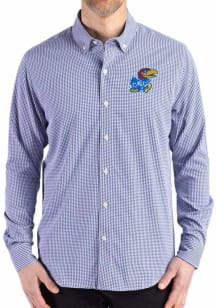 Cutter and Buck Kansas Jayhawks Mens Blue Gingham LS Woven Long Sleeve Dress Shirt