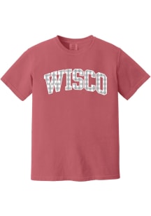 Summit Sportswear Wisconsin Womens Red Gingham Puff Wordarch Short Sleeve T-Shirt