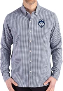 Cutter and Buck UConn Huskies Mens Navy Blue Gingham LS Woven Long Sleeve Dress Shirt