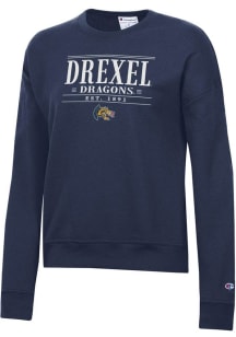 Champion Drexel Dragons Womens Navy Blue Striped Stacked Powerblend Crew Sweatshirt