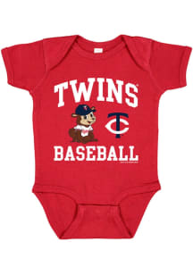 Soft As A Grape T.C. Bear Minnesota Twins Baby Red Arched Wordmark Baby Mascot Short Sleeve One Pi..