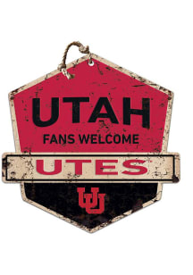 KH Sports Fan Utah Utes Fans Welcome Rustic Badge Sign - Red