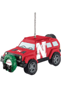 Nebraska Cornhuskers jeep with wreath Ornament - Red