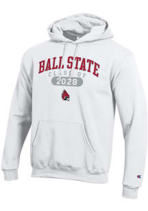 Champion Ball State Cardinals Mens White Pill Class of 2028 Powerblend Long Sleeve Hoodie