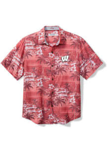 Tommy Bahama Wisconsin Badgers Mens Red Sport Coconut Point Isla Palmetta Short Sleeve Dress Shirt