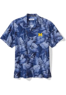 Tommy Bahama Michigan Wolverines Mens Blue SPORT BAHAMA FRONDS Short Sleeve Dress Shirt