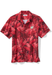 Tommy Bahama Wisconsin Badgers Mens Red SPORT BAHAMA FRONDS Short Sleeve Dress Shirt