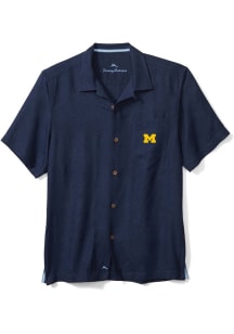 Tommy Bahama Michigan Wolverines Mens Navy Blue  Short Sleeve Dress Shirt