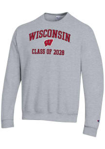 Champion Wisconsin Badgers Mens Grey Font Class of 2028 Powerblend Long Sleeve Crew Sweatshirt