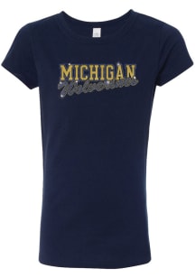 Summit Sportswear Michigan Wolverines Girls Blue Bling Script Short Sleeve Fashion T-Shirt