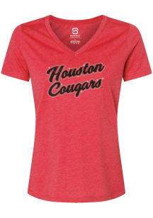 Summit Sportswear Houston Cougars Womens Red Glitter and Rhinestones Script Short Sleeve T-Shirt