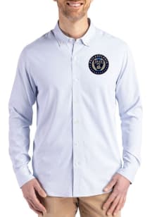 Cutter and Buck Philadelphia Union Mens Light Blue Epic Confidence Pinstripe Long Sleeve Dress Shi..