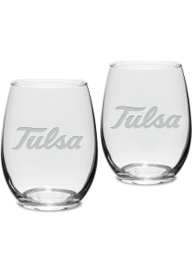 Tulsa Golden Hurricane Hand Etched 15oz Set Stemless Wine Glass - White