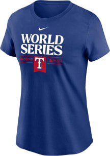 Nike Texas Rangers Womens Royal Blue 2023 World Series Participant Dugout Short Sleeve T-Shirt