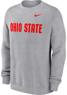 Nike Ohio State Buckeyes Mens Grey Wordmark Club Fleece Long Sleeve Crew Sweatshirt