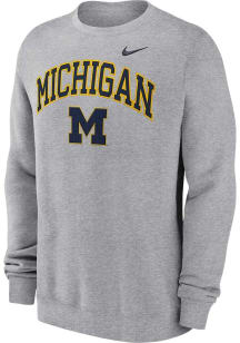 Nike Michigan Wolverines Mens Grey Club Fleece Long Sleeve Crew Sweatshirt