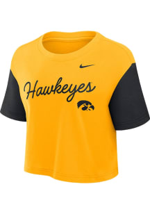 Nike Iowa Hawkeyes Womens Yellow Colorblock Crop Short Sleeve T-Shirt