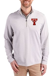 Cutter and Buck Texas Tech Red Raiders Mens Ash Virtue Eco Pique Micro Stripe Long Sleeve Qtr Zip..