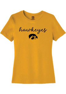 Summit Sportswear Iowa Hawkeyes Womens Yellow Rhinestone Script Short Sleeve T-Shirt