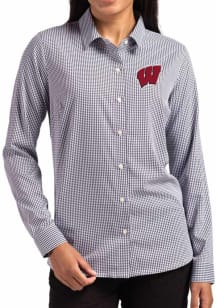 Cutter and Buck Wisconsin Badgers Womens Epic Confidence Gingham Long Sleeve Black Dress Shirt