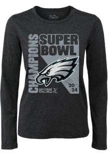 Philadelphia Eagles Womens Black 2024 Super Bowl Champs Whooperup LS Tee