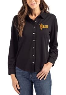 Cutter and Buck Arizona State Sun Devils Womens Advantage Soft Pique Long Sleeve Black Dress Shirt