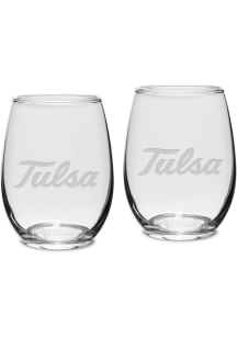 Tulsa Golden Hurricane Hand Etched 21oz Set Stemless Wine Glass - White